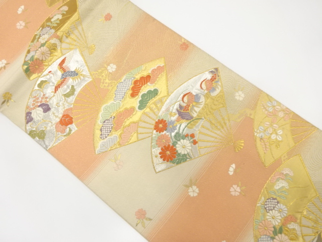 JAPANESE KIMONO / ANTIQUE FUKURO OBI / SILK / WOVEN FOLDING FAN PATTERN